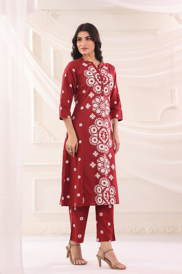 Maroon Cotton Printed A-Line Kurta Pant Set