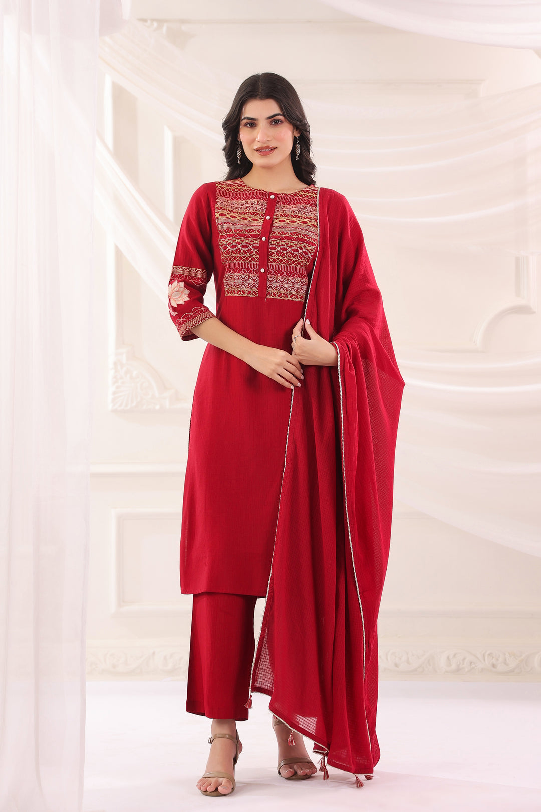 Red Poly Silk Embroidered Kurta Pant With Dupatta Set