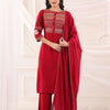 Red Poly Silk Embroidered Kurta Pant With Dupatta Set