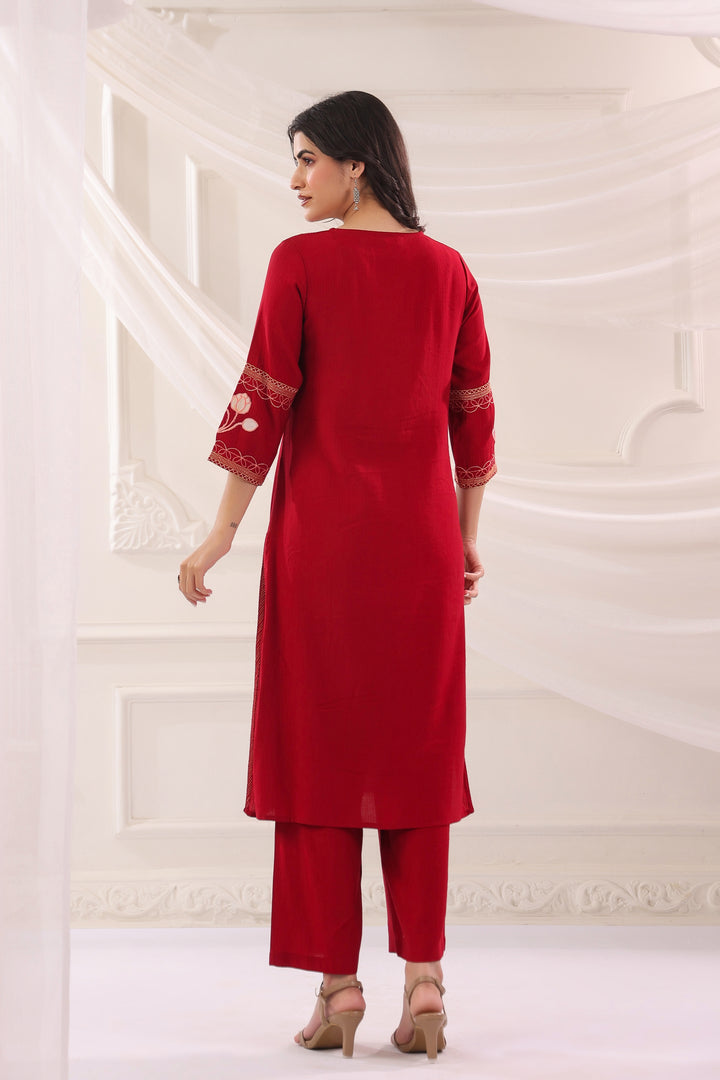 Red Poly Silk Embroidered Kurta Pant With Dupatta Set
