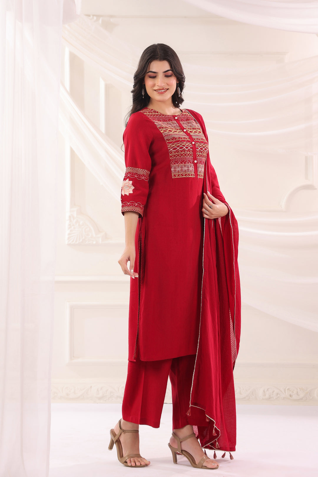 Red Poly Silk Embroidered Kurta Pant With Dupatta Set
