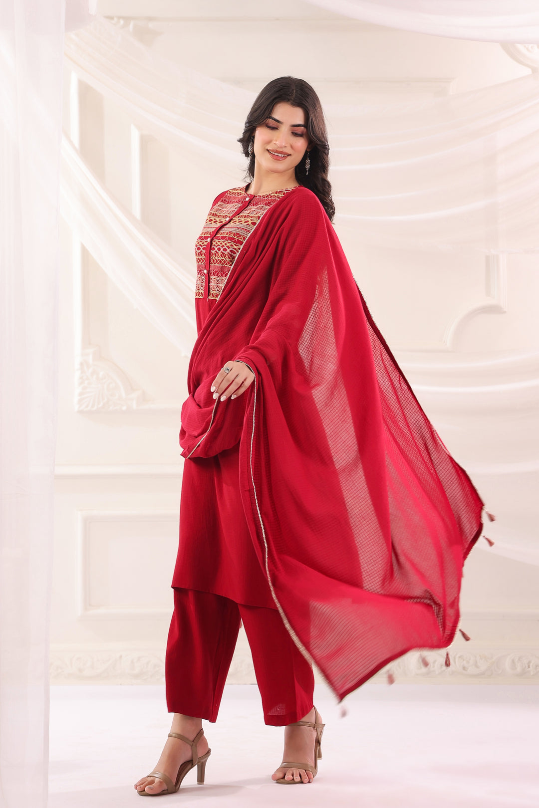 Red Poly Silk Embroidered Kurta Pant With Dupatta Set