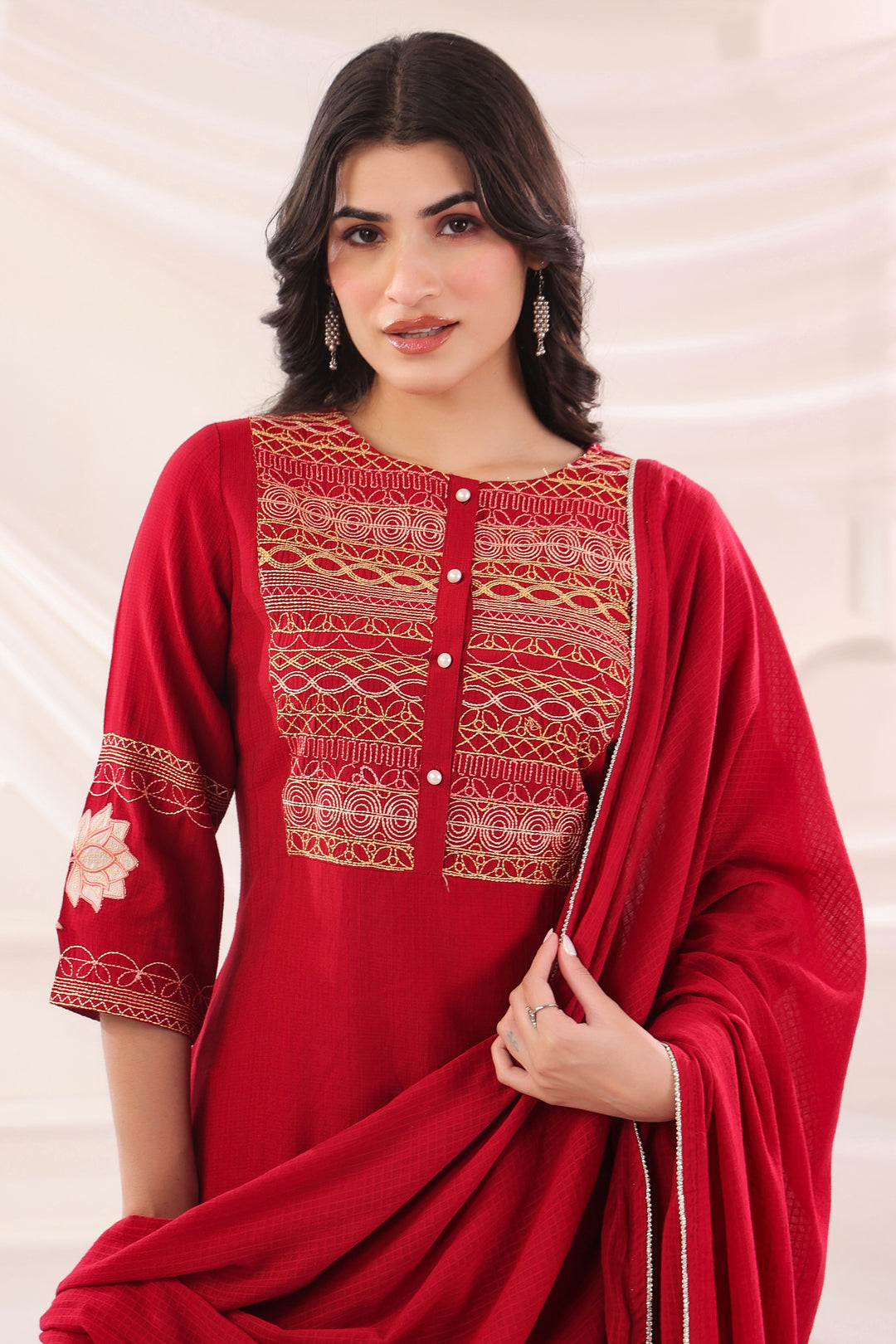 Red Poly Silk Embroidered Kurta Pant With Dupatta Set