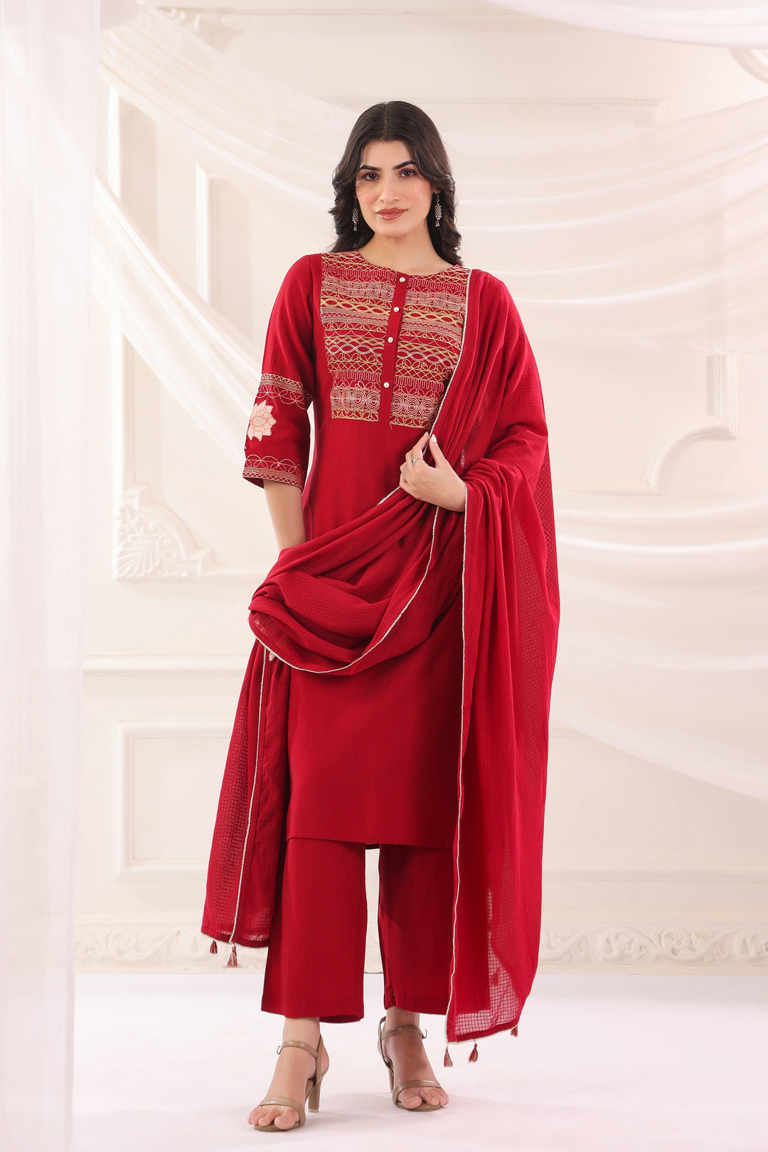 Red Poly Silk Embroidered Kurta Pant With Dupatta Set