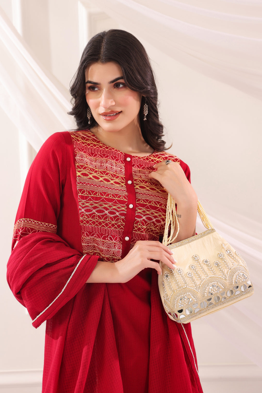 Red Poly Silk Embroidered Kurta Pant With Dupatta Set