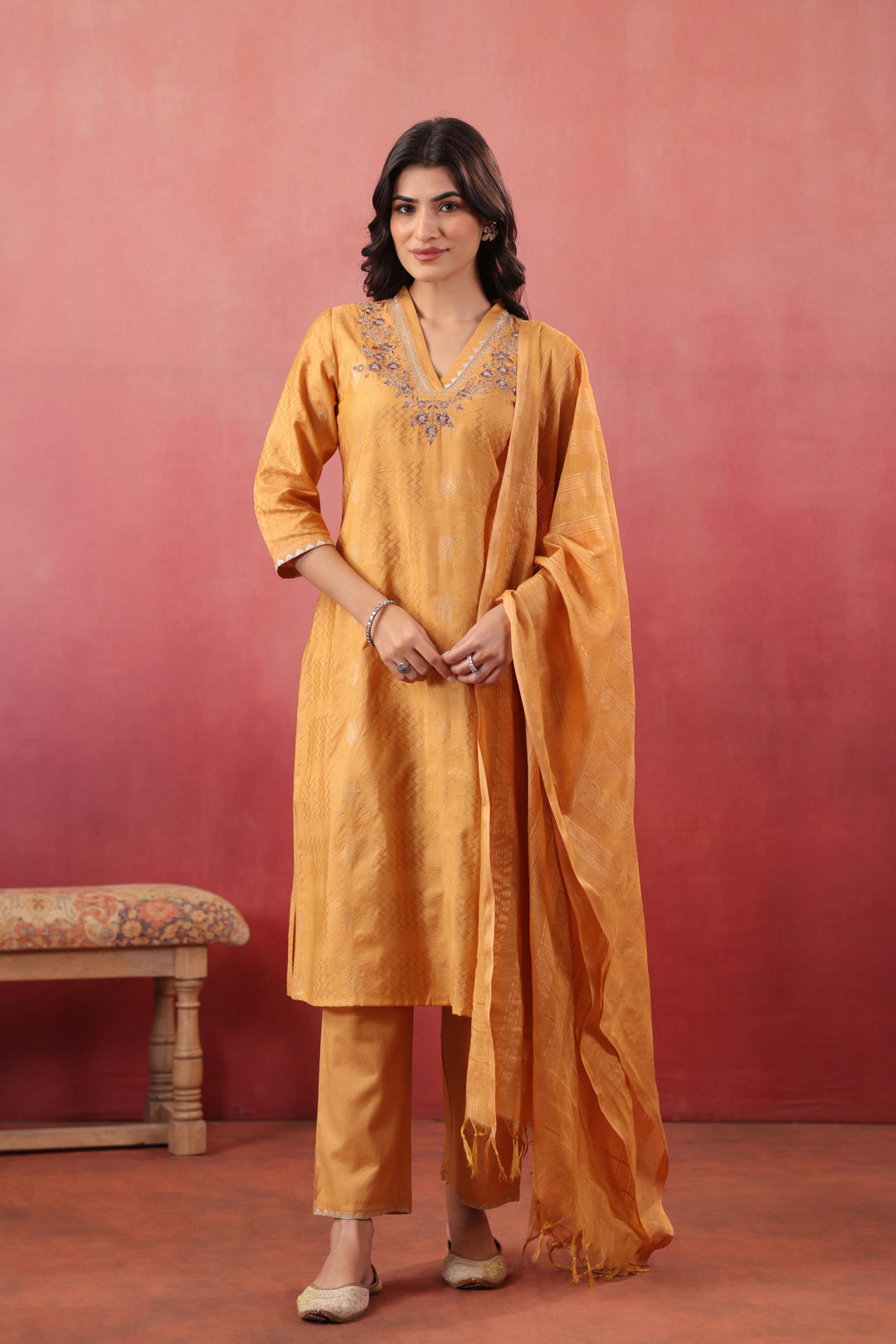 Mustard Silk Embroidered Designer Kurta Pant With Dupatta Set