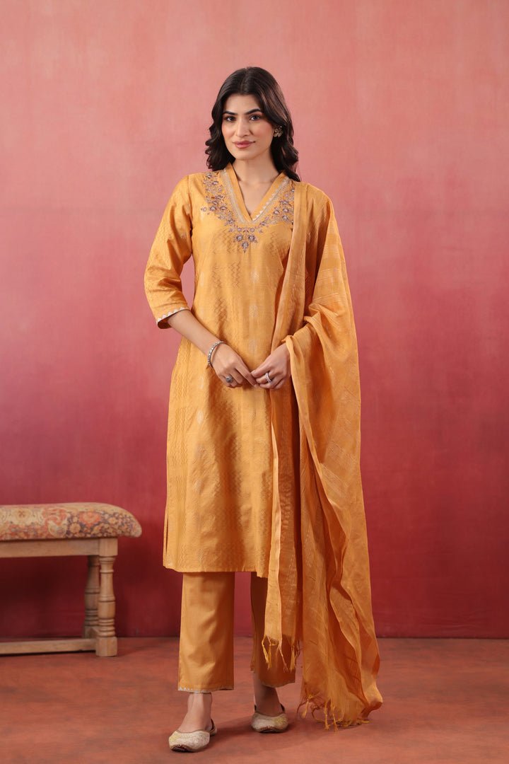 Mustard Silk Embroidered Designer Kurta Pant With Dupatta Set