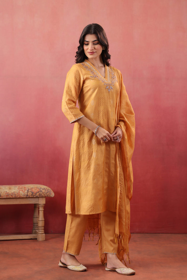 Mustard Silk Embroidered Designer Kurta Pant With Dupatta Set