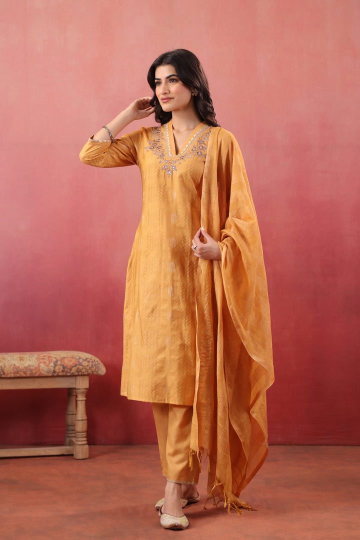 Mustard Silk Embroidered Designer Kurta Pant With Dupatta Set
