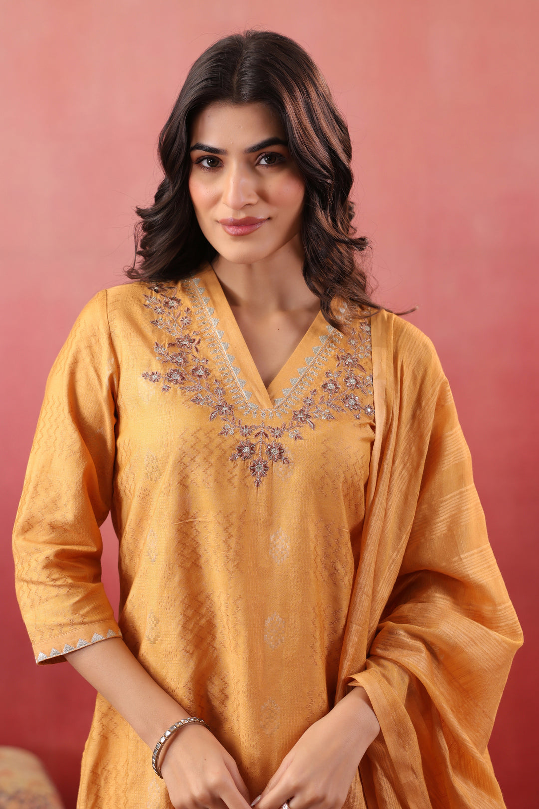 Mustard Silk Embroidered Designer Kurta Pant With Dupatta Set