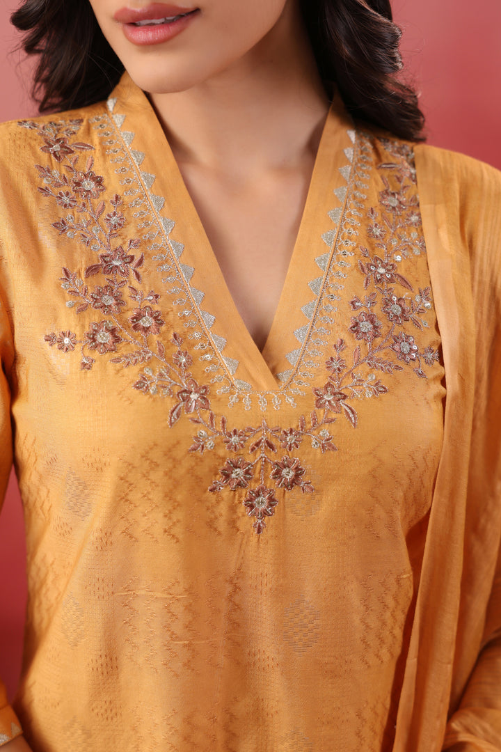 Mustard Silk Embroidered Designer Kurta Pant With Dupatta Set