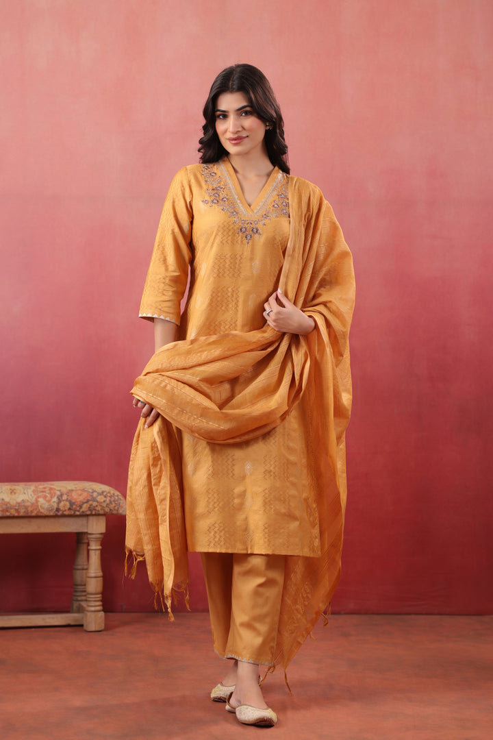 Mustard Silk Embroidered Designer Kurta Pant With Dupatta Set