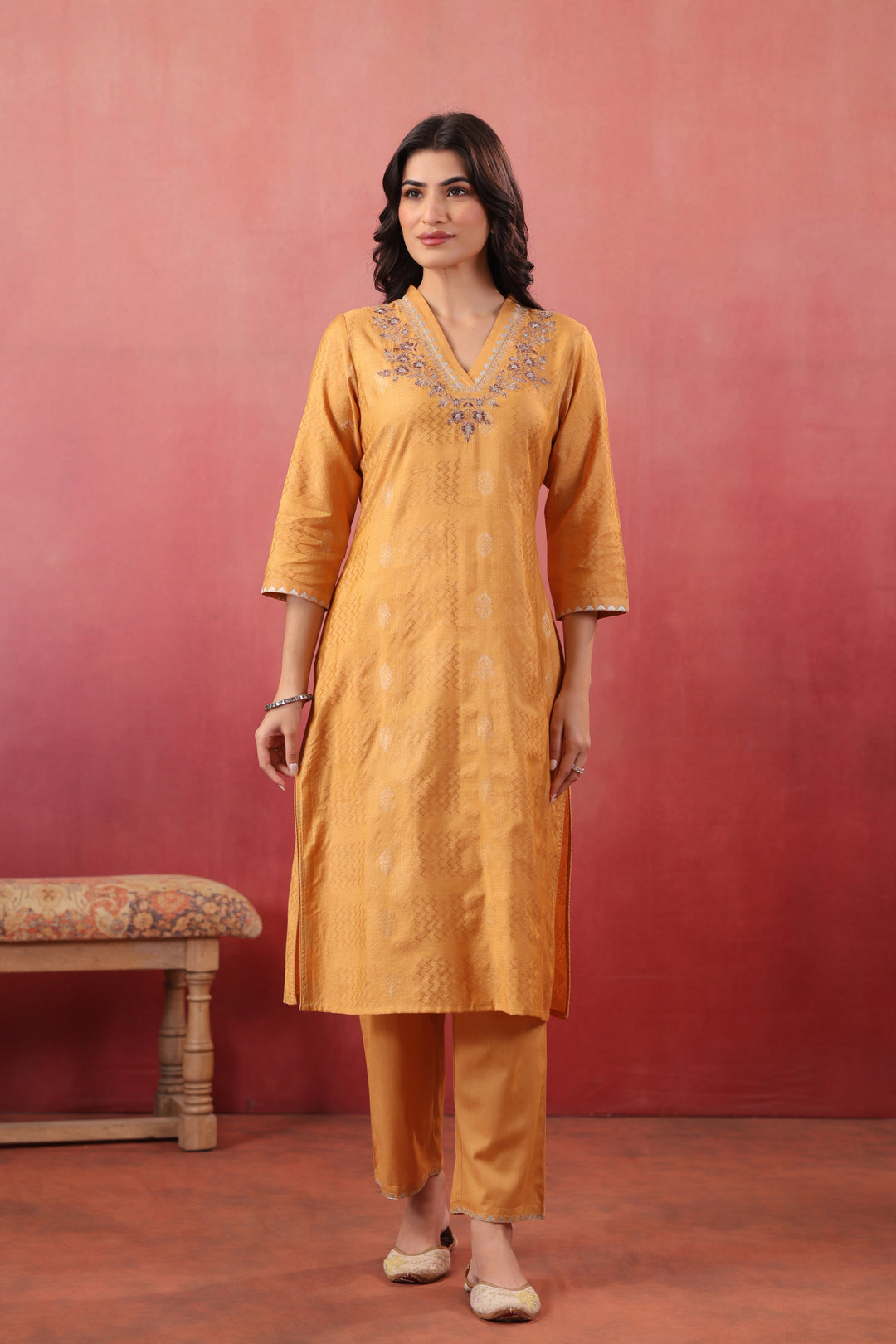 Mustard Silk Embroidered Designer Kurta Pant With Dupatta Set
