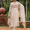 Beige Cotton Lurex Embroidered Kurta Pant Set with Dupatta