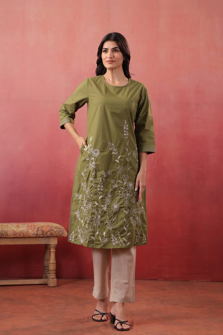 Green Cotton Embroidered Designer Kurta Pant Set