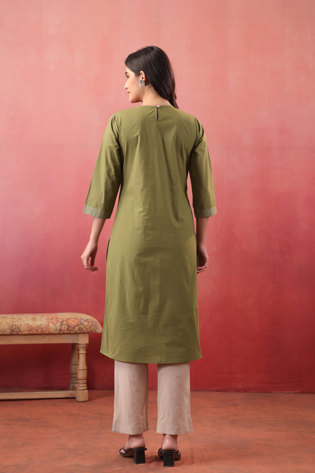 Green Cotton Embroidered Designer Kurta Pant Set
