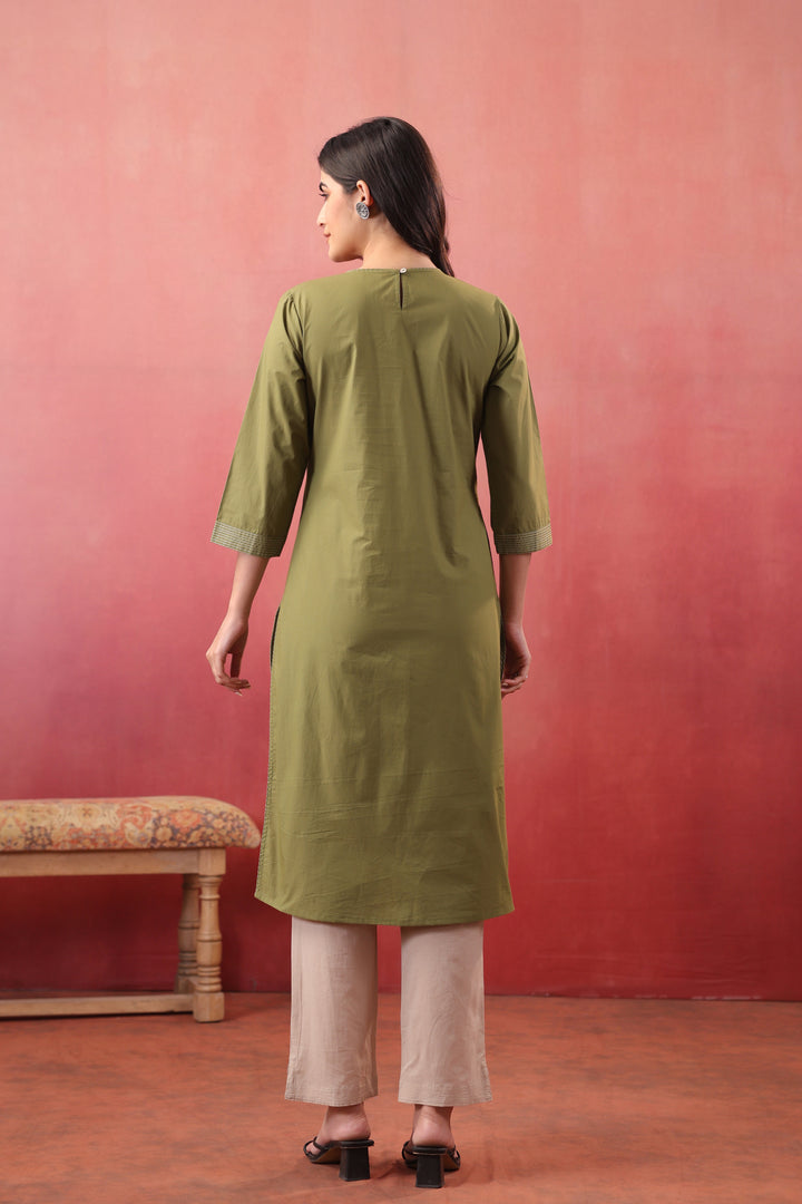 Green Cotton Embroidered Designer Kurta Pant Set