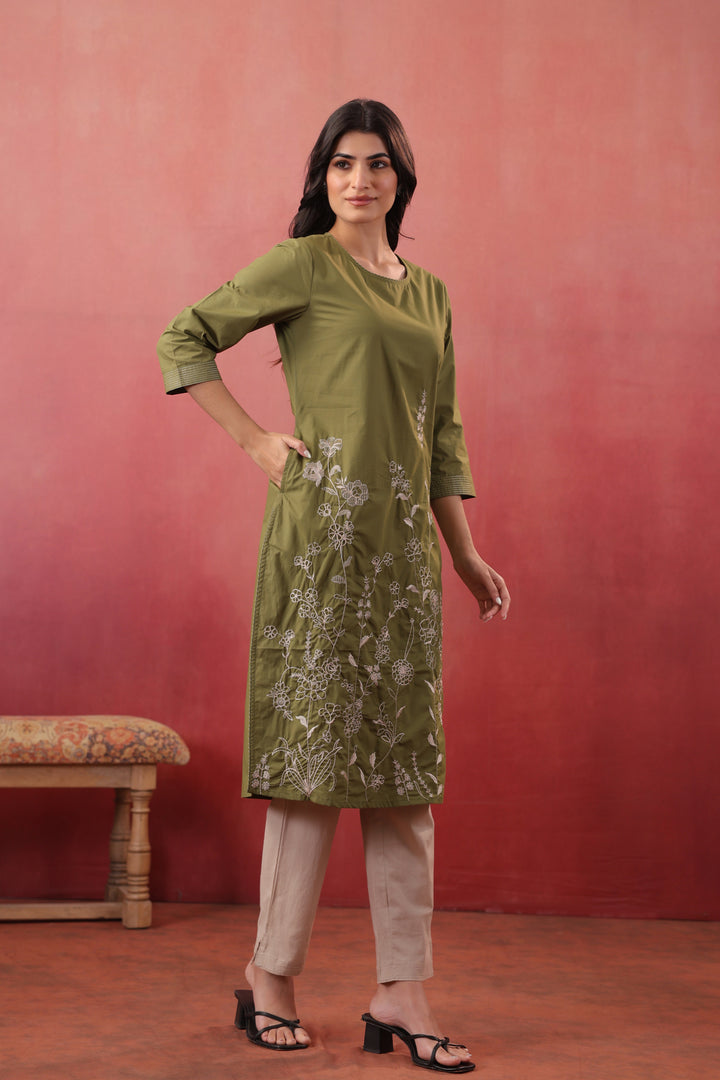 Green Cotton Embroidered Designer Kurta Pant Set