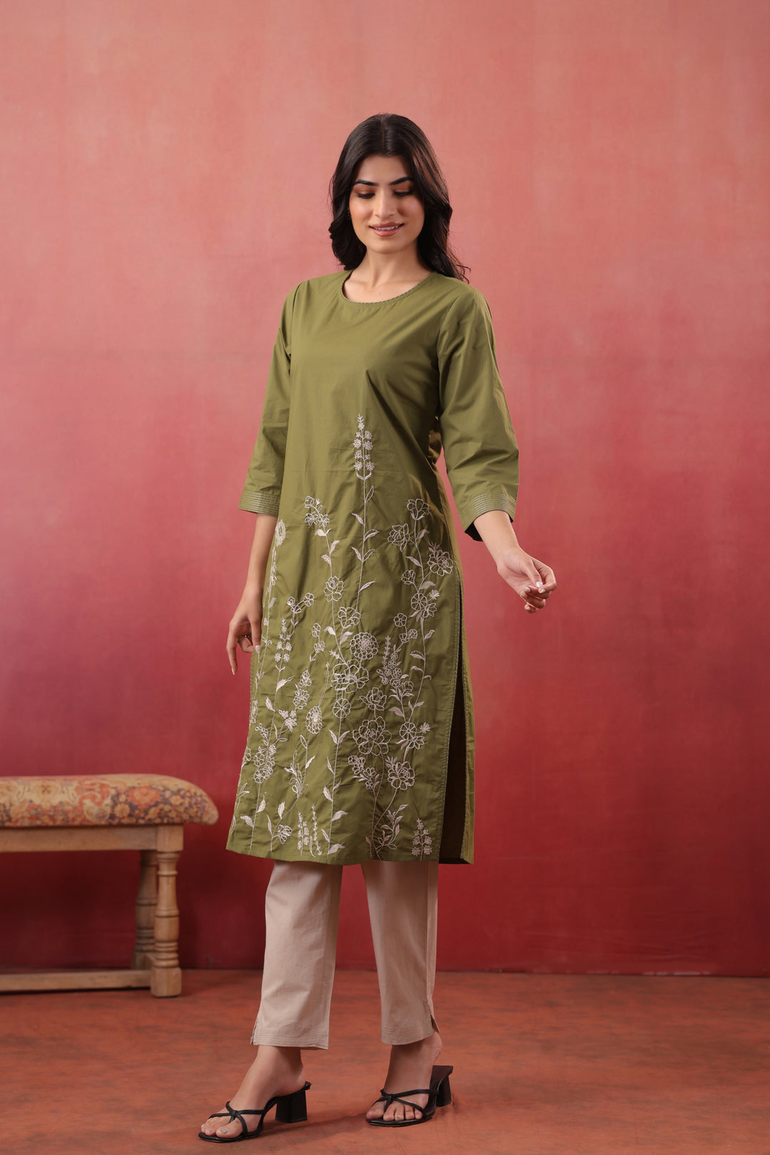 Green Cotton Embroidered Designer Kurta Pant Set