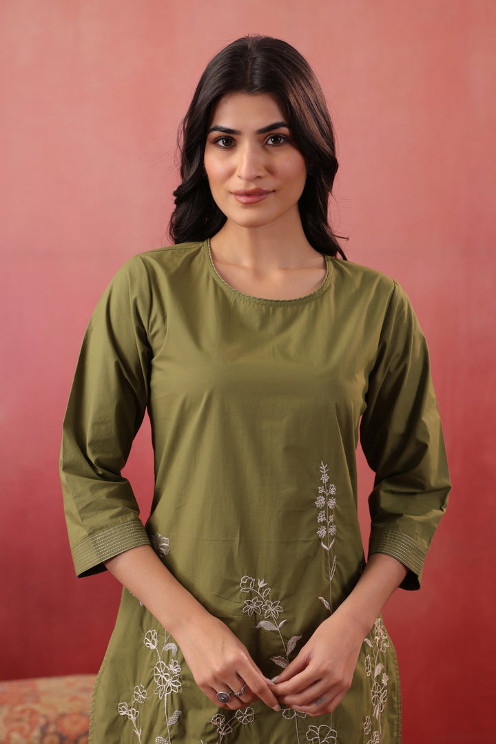 Green Cotton Embroidered Designer Kurta Pant Set