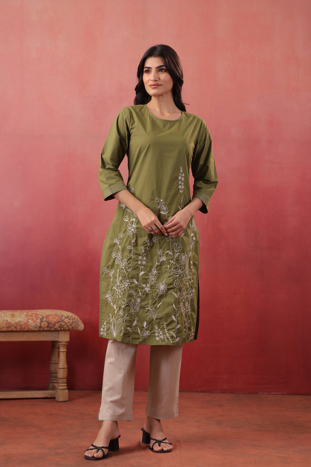 Green Cotton Embroidered Designer Kurta Pant Set