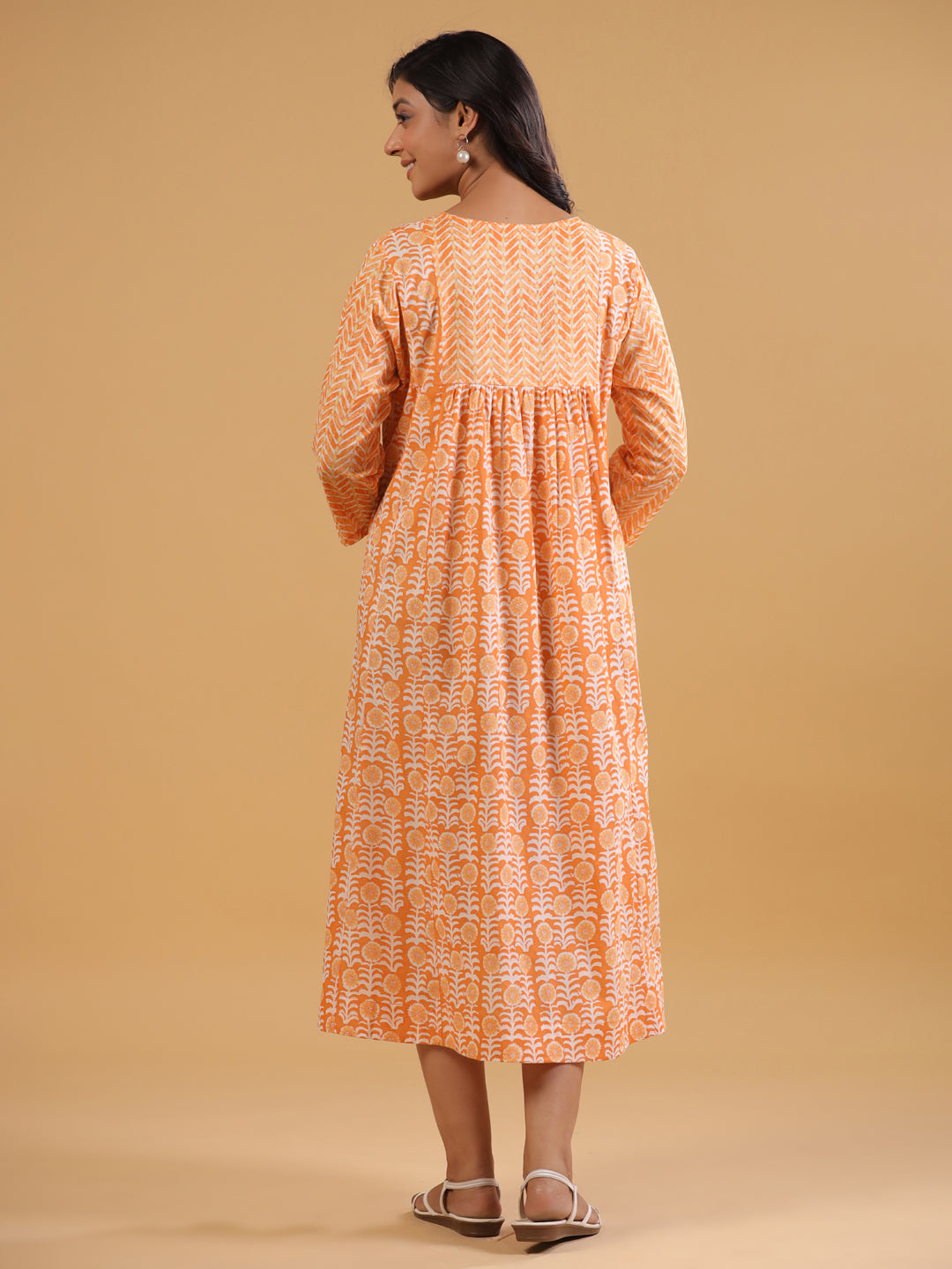 Rust Cotton Printed A-Line Dress