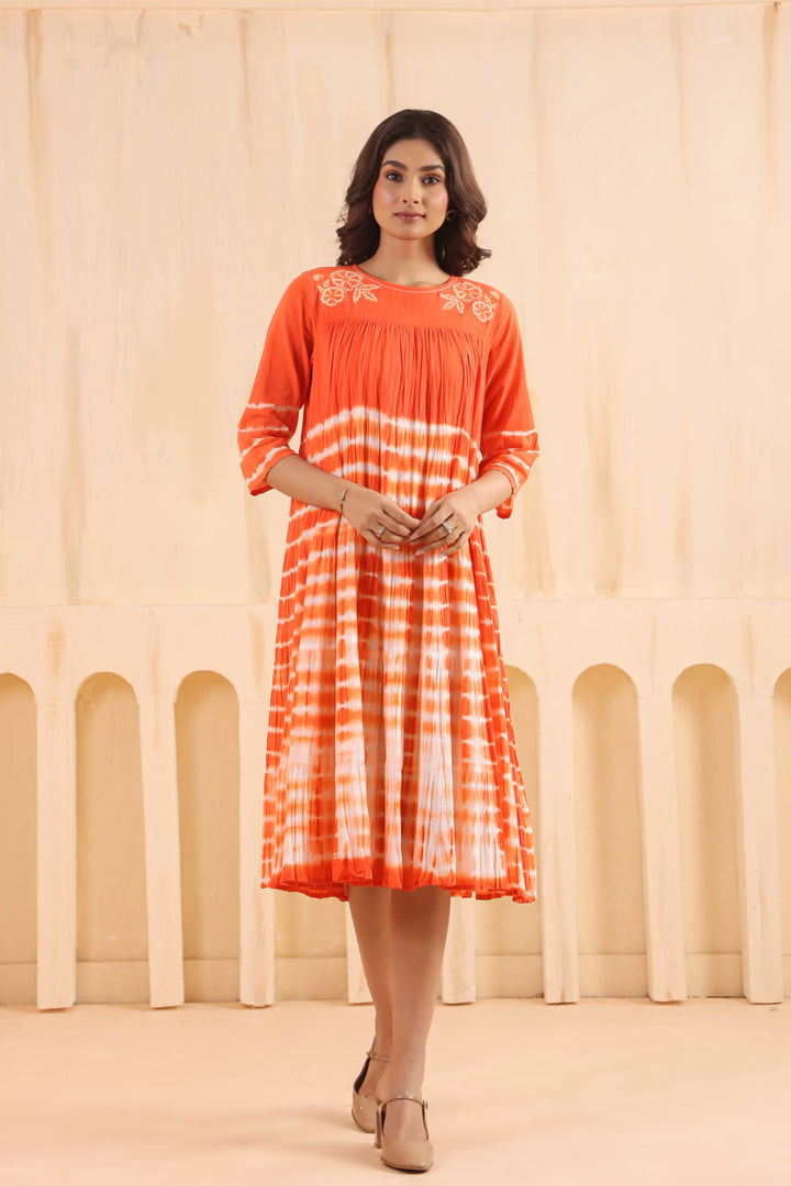 Orange Cotton Embroidered Designer Dress