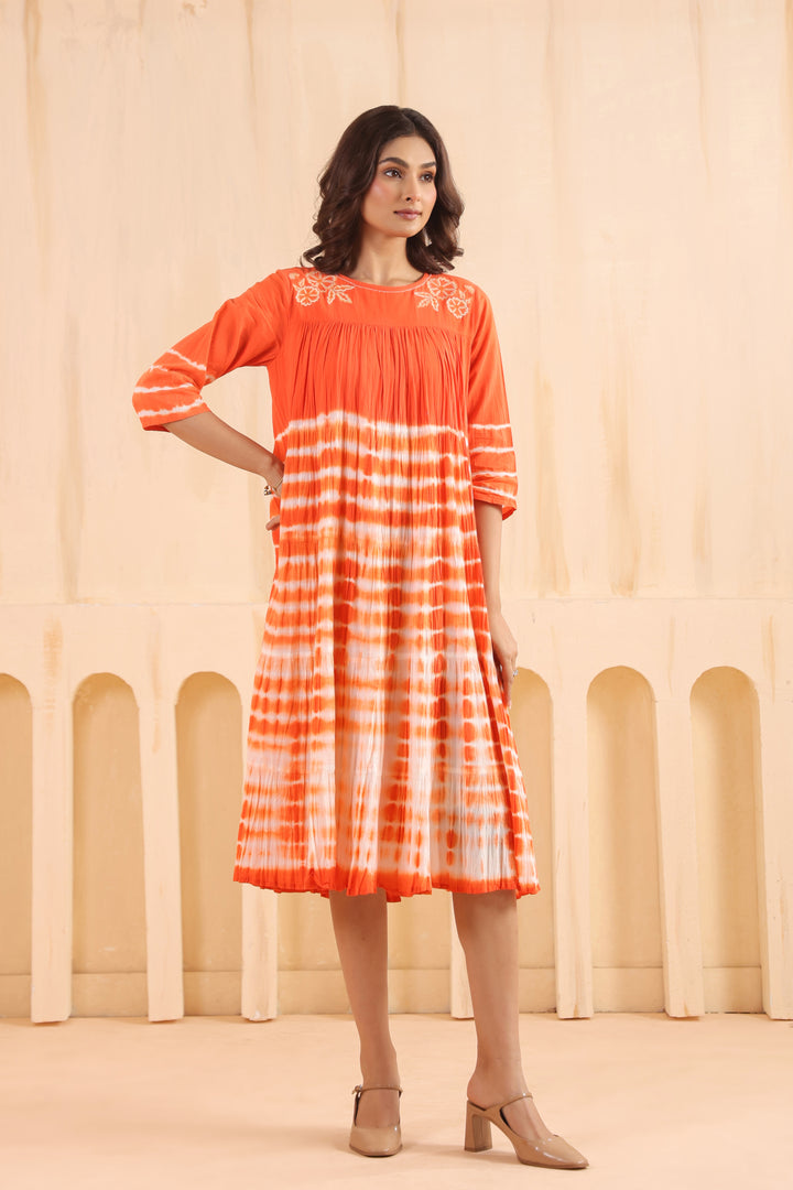 Orange Cotton Embroidered Designer Dress
