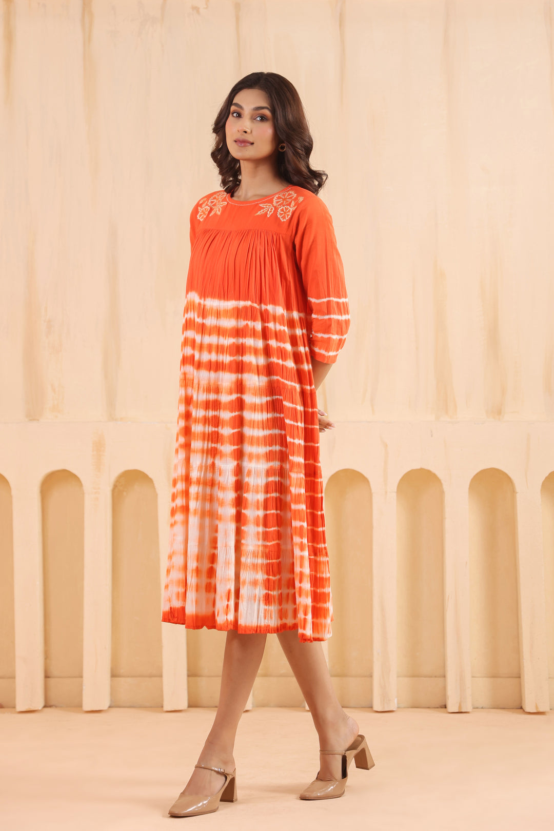 Orange Cotton Embroidered Designer Dress