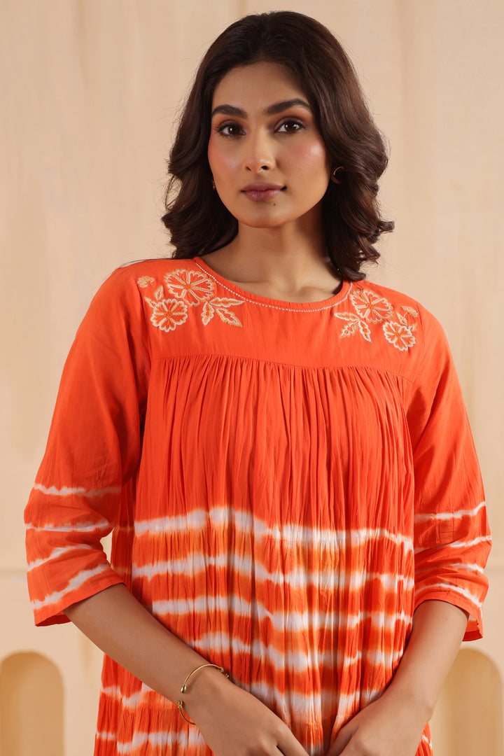 Orange Cotton Embroidered Designer Dress