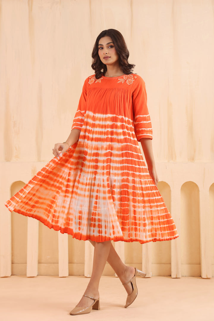Orange Cotton Embroidered Designer Dress