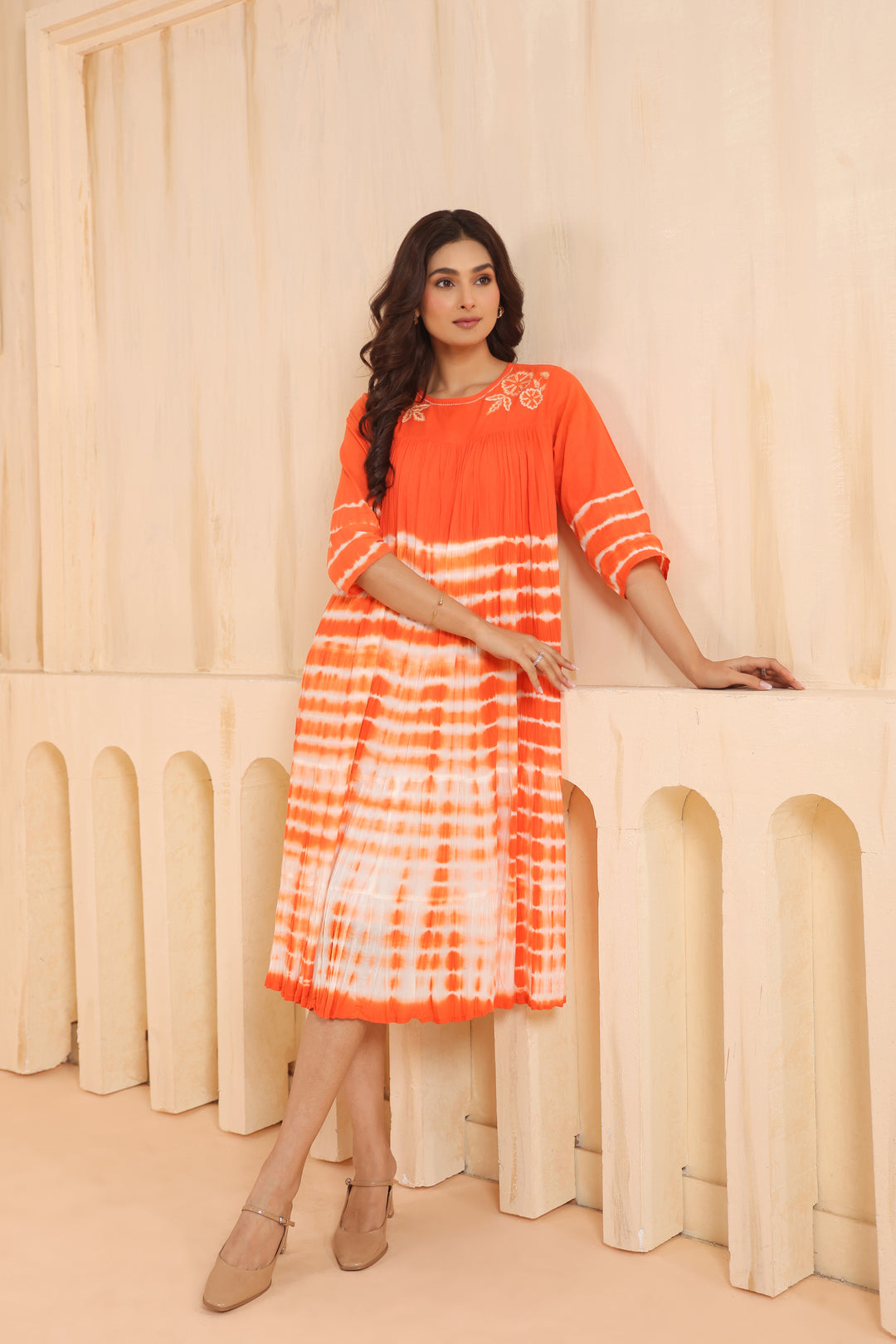 Orange Cotton Embroidered Designer Dress