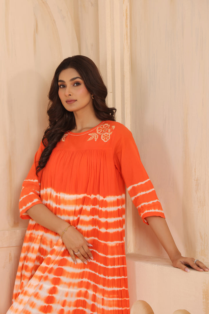 Orange Cotton Embroidered Designer Dress
