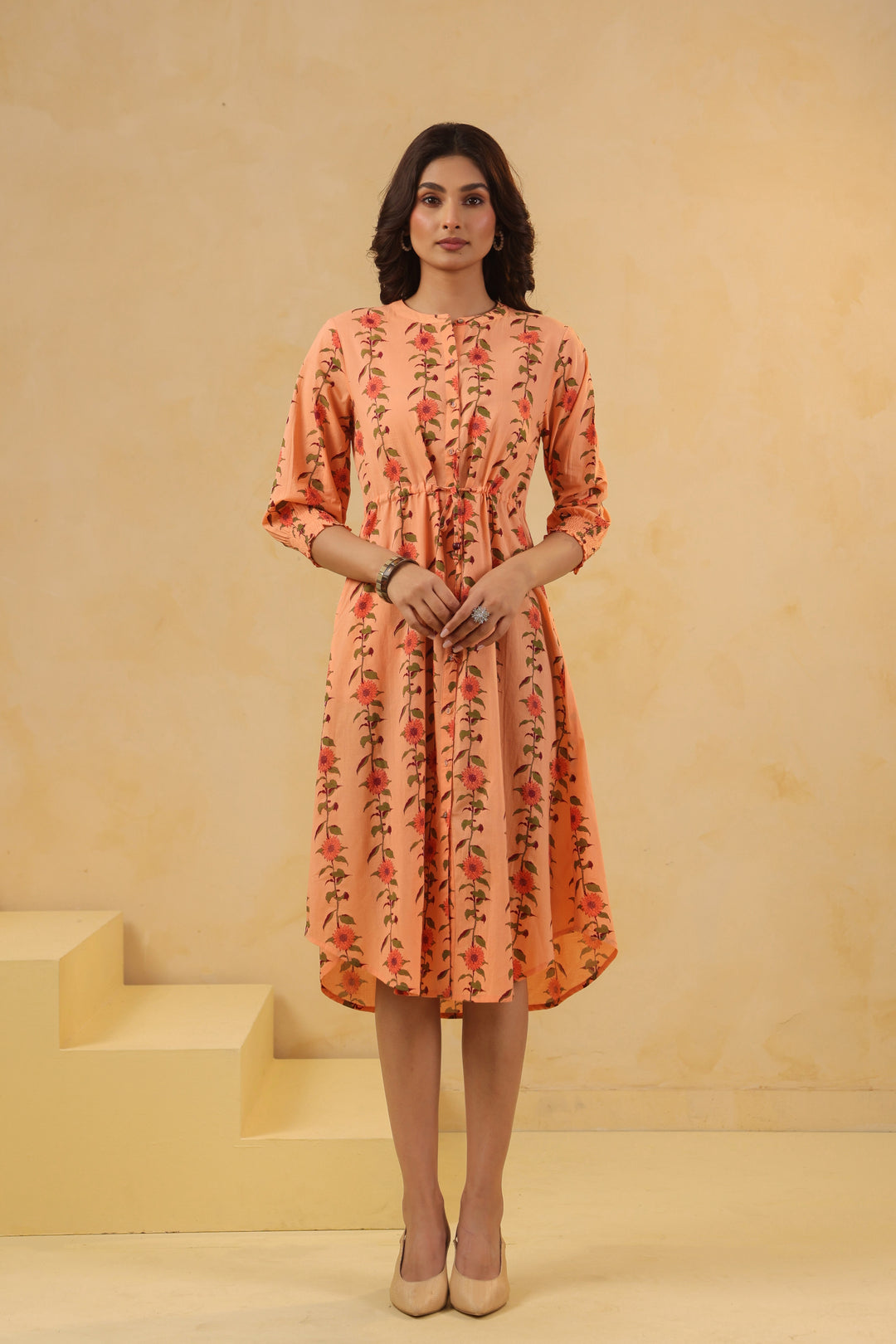 Peach Cotton Printed A-Line Dress