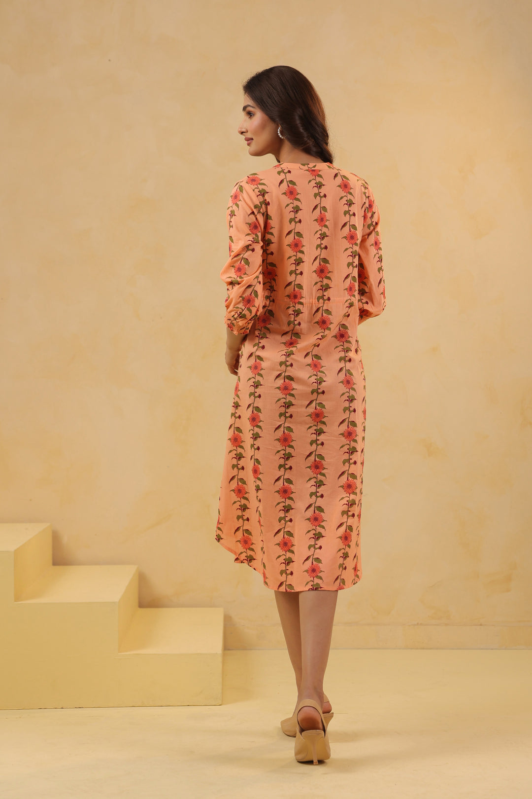 Peach Cotton Printed A-Line Dress