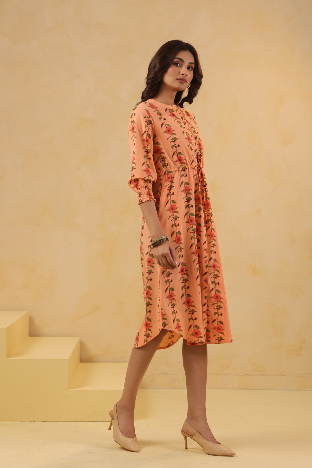 Peach Cotton Printed A-Line Dress