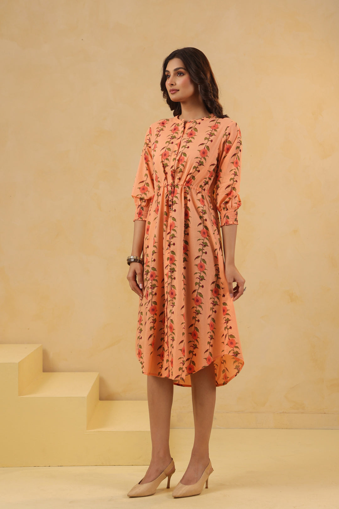 Peach Cotton Printed A-Line Dress