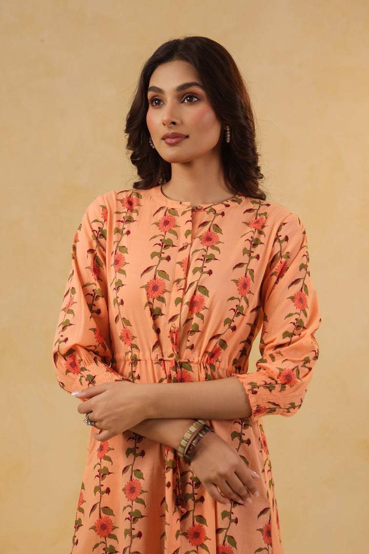 Peach Cotton Printed A-Line Dress