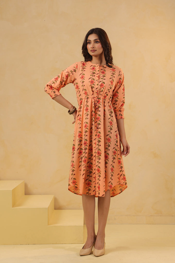 Peach Cotton Printed A-Line Dress