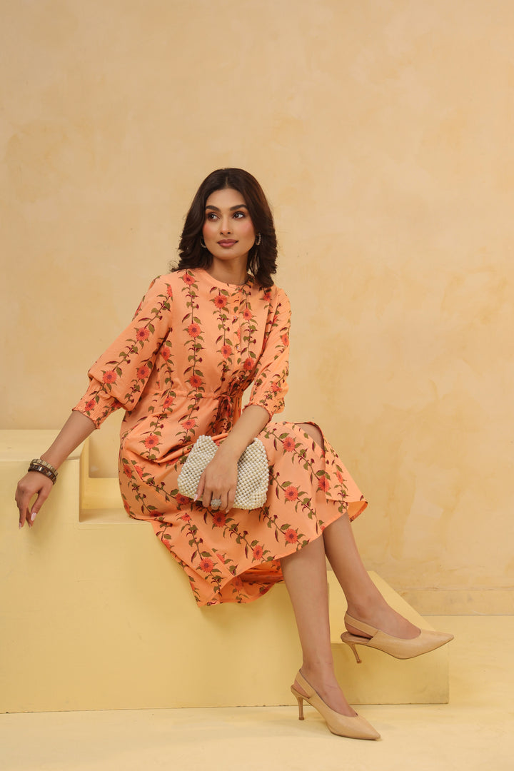 Peach Cotton Printed A-Line Dress