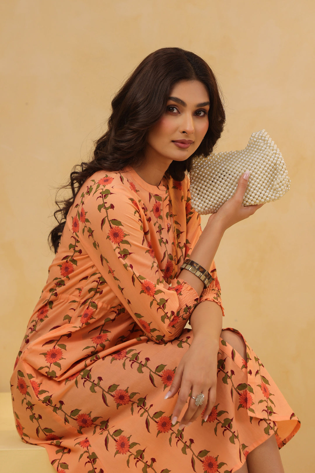 Peach Cotton Printed A-Line Dress