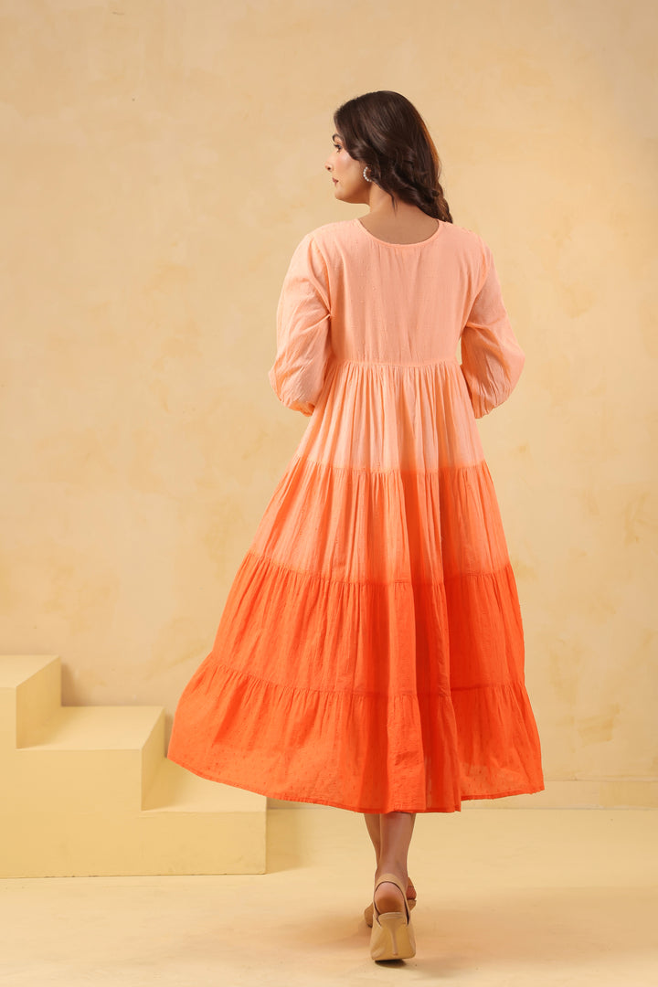 Orange Cotton Dobby Ombre Flared Dress