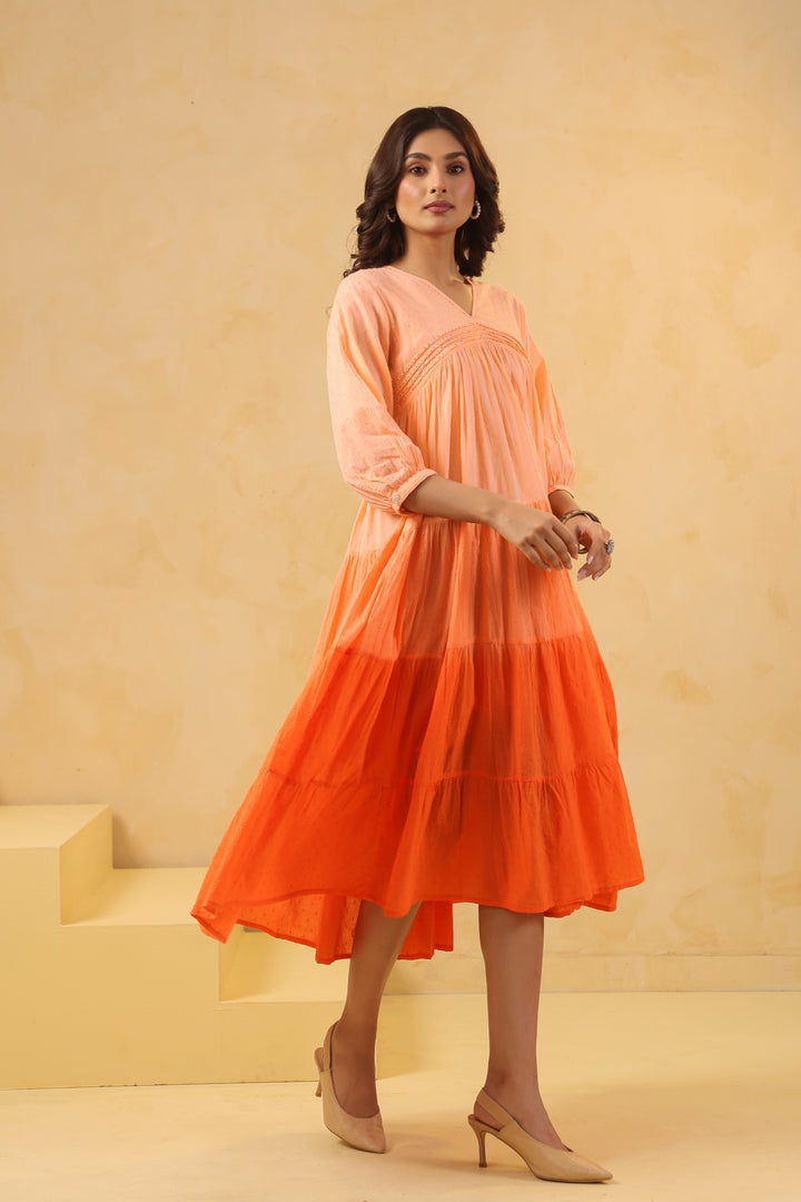 Orange Cotton Dobby Ombre Flared Dress