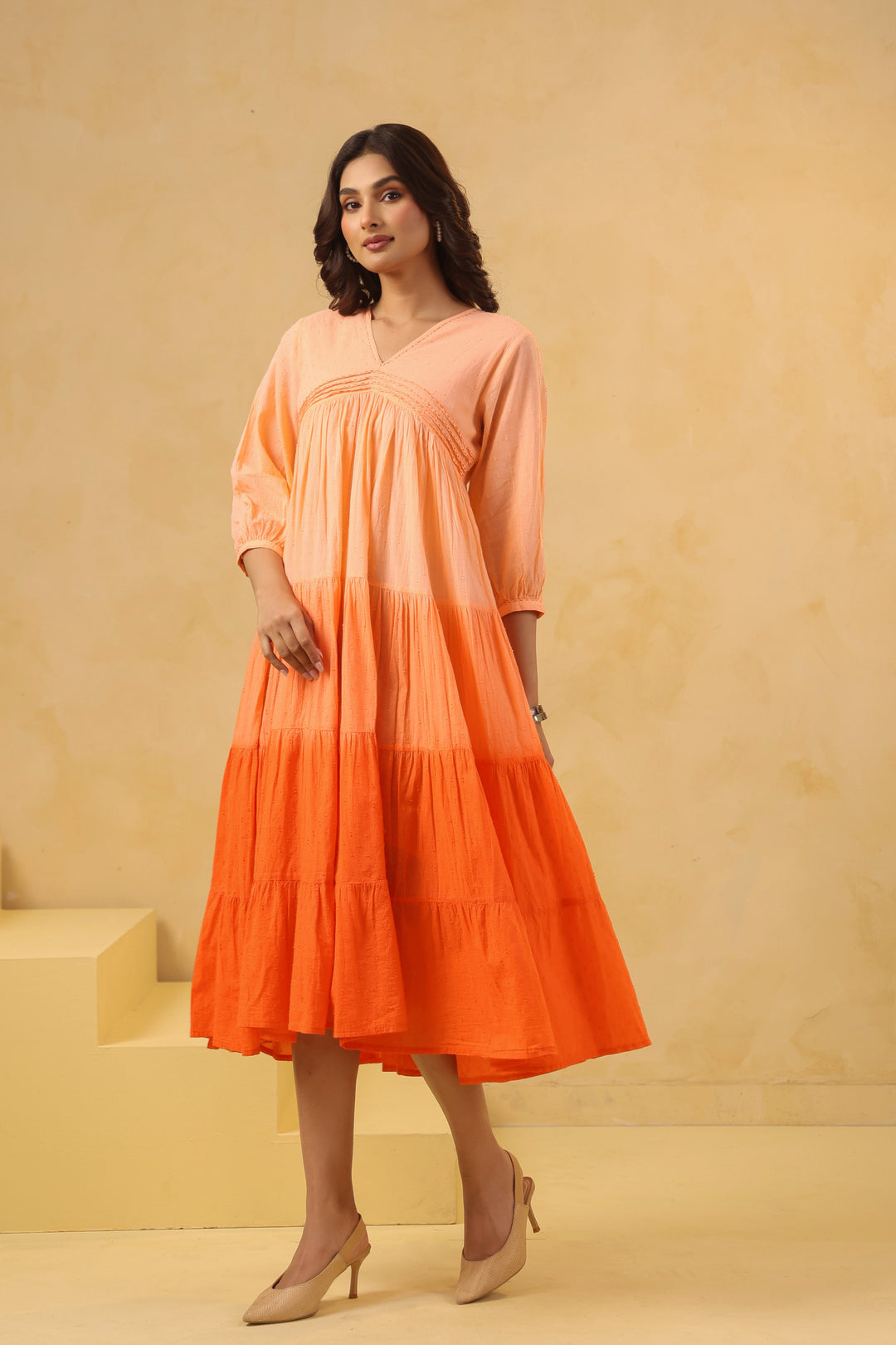 Orange Cotton Dobby Ombre Flared Dress
