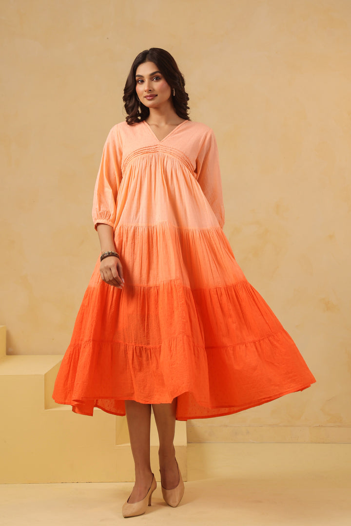 Orange Cotton Dobby Ombre Flared Dress