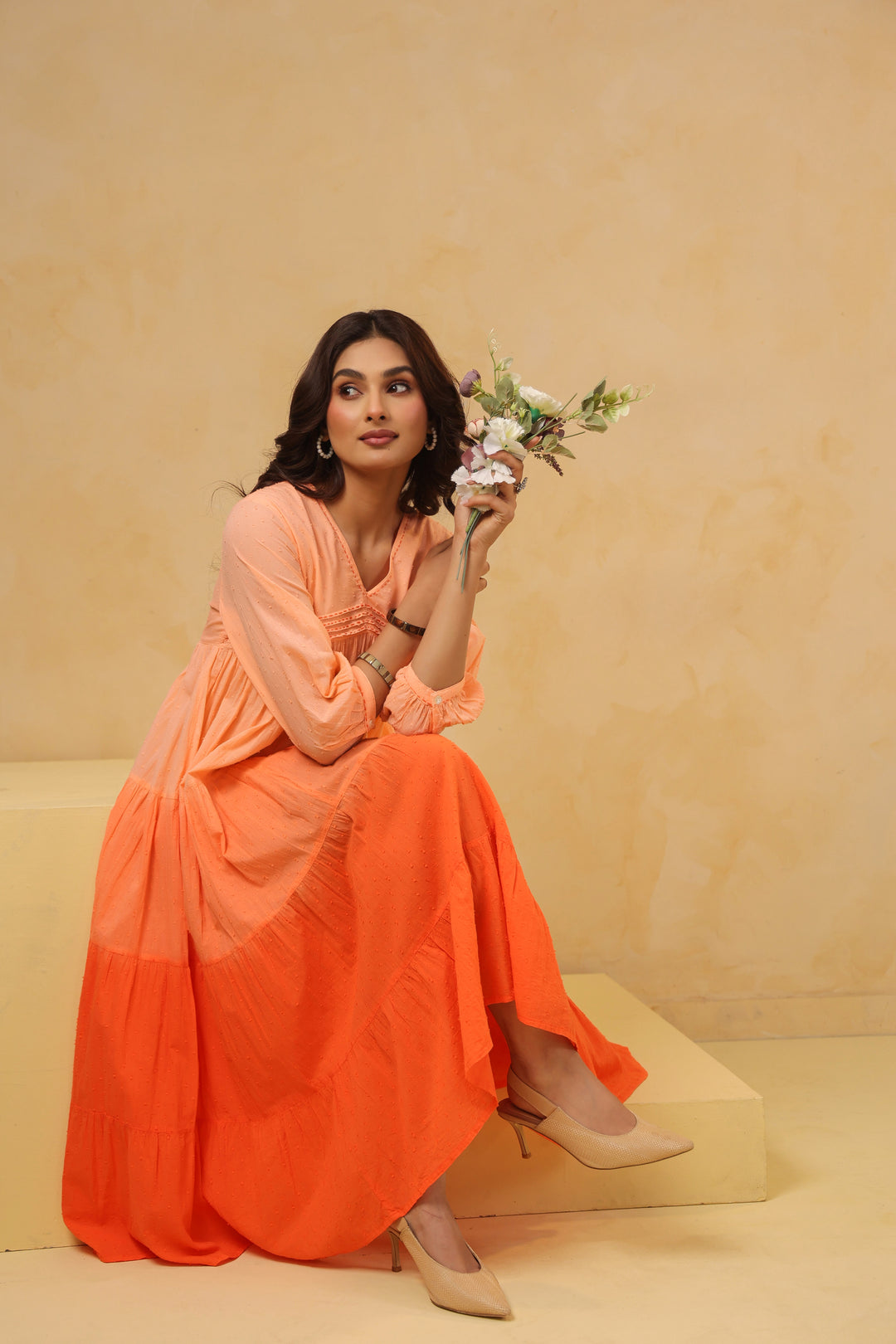 Orange Cotton Dobby Ombre Flared Dress