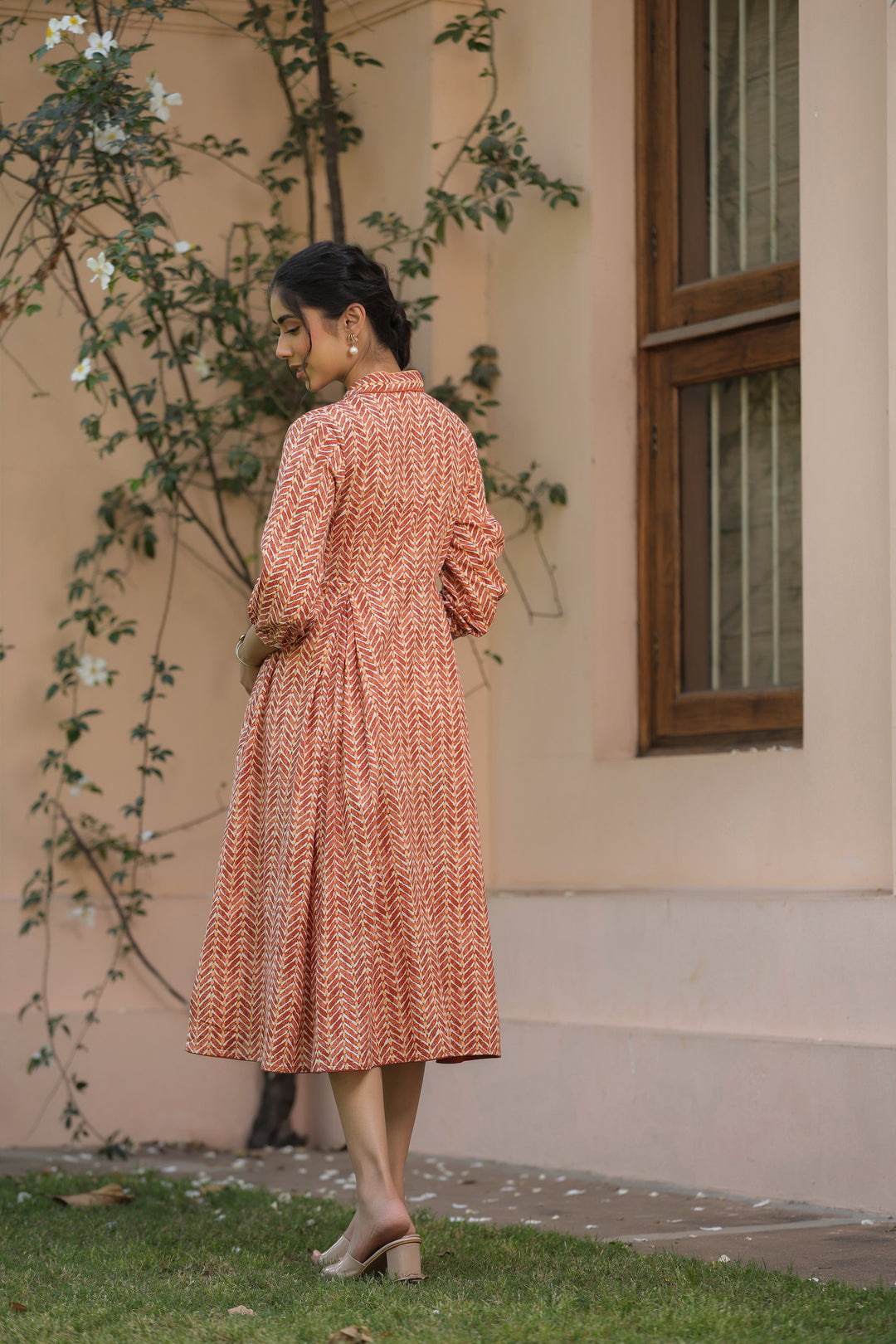 Orange Pure Cotton Tribal Print Fancy Tussle Work Flared Designer Dress