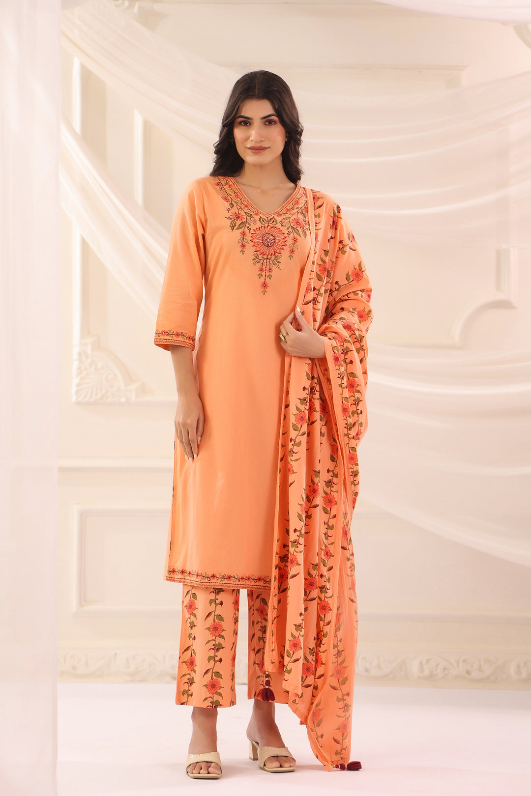 Peach Cotton Embroidered Kurta Pant With Dupatta Set