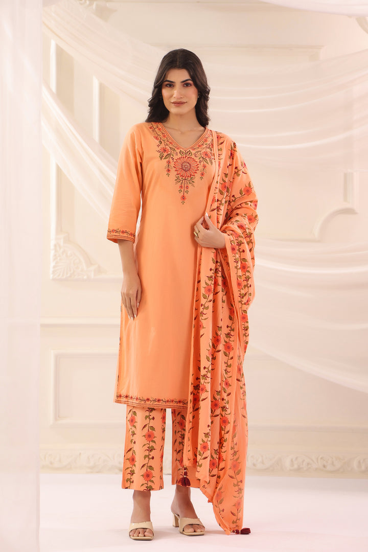 Peach Cotton Embroidered Kurta Pant With Dupatta Set