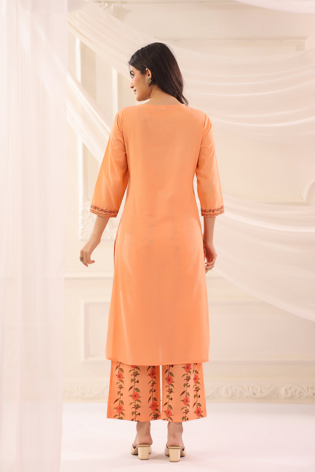 Peach Cotton Embroidered Kurta Pant With Dupatta Set